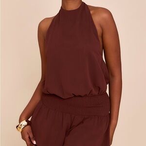 NWT Pretty Little Thing Chocolate Chiffon Open Back Romper Halter Playsuit Sz 8